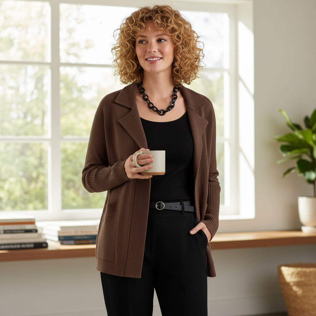 Mittellange Strickjacke mit eleganter Bluse im Café
