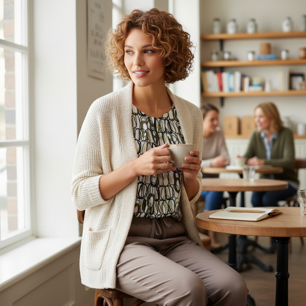 Kurze Strickjacke über einer fließenden Bluse im Büro