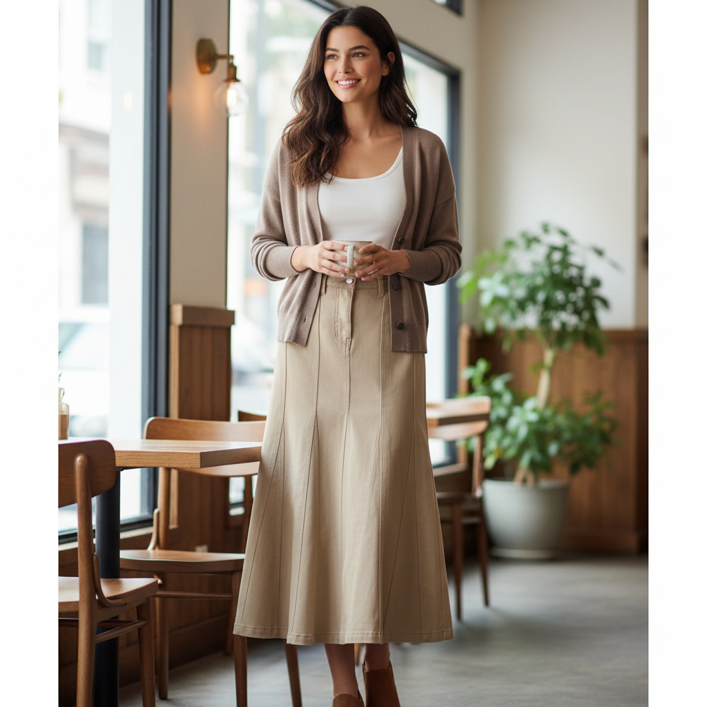 Lange Strickjacke mit fließendem Midirock und eleganten Schuhen vor einer Stadtkulisse
