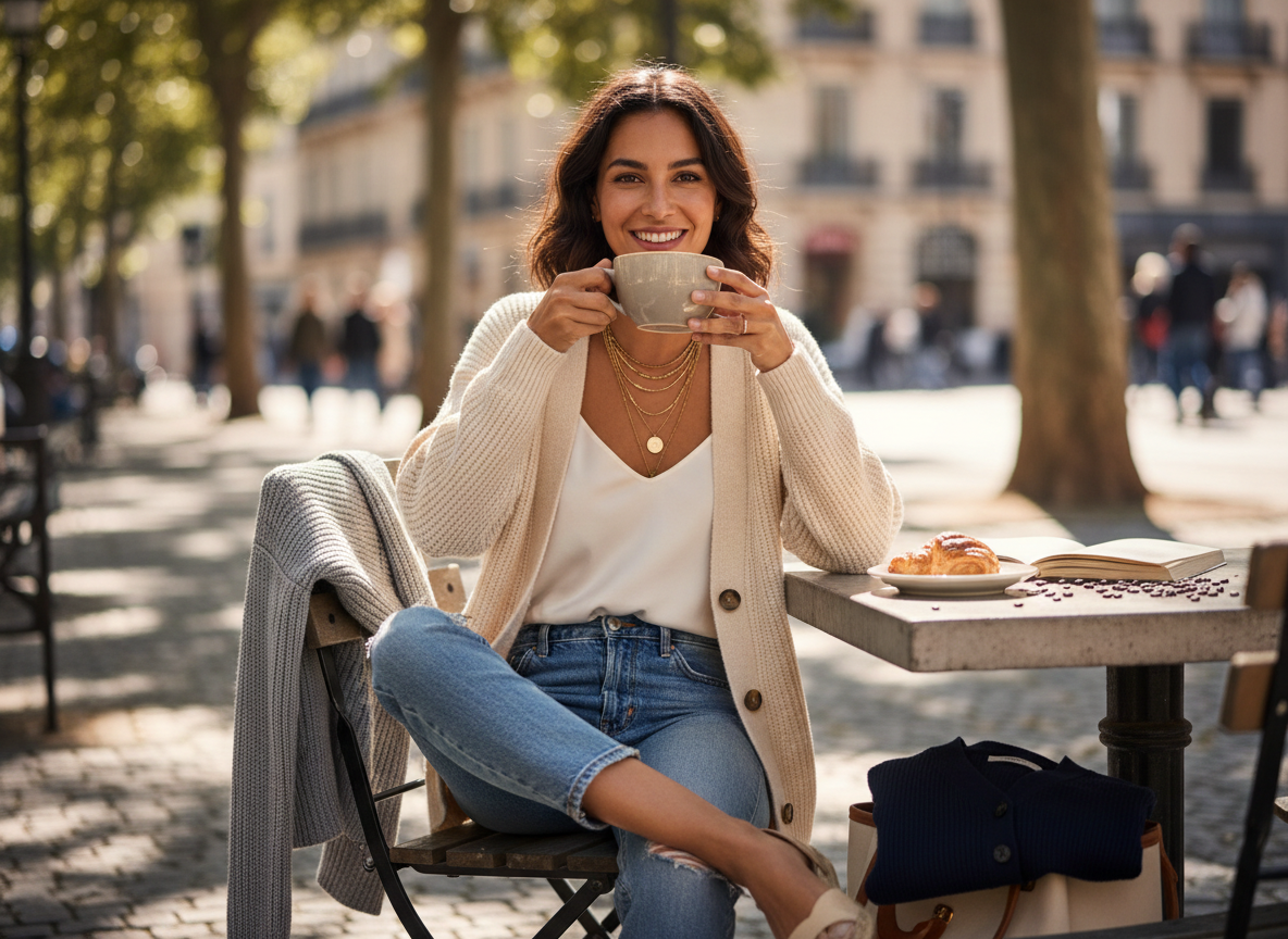 Stilvolles Outfit mit Strickjacke, Bluse und Rock auf einer hellen Terrasse