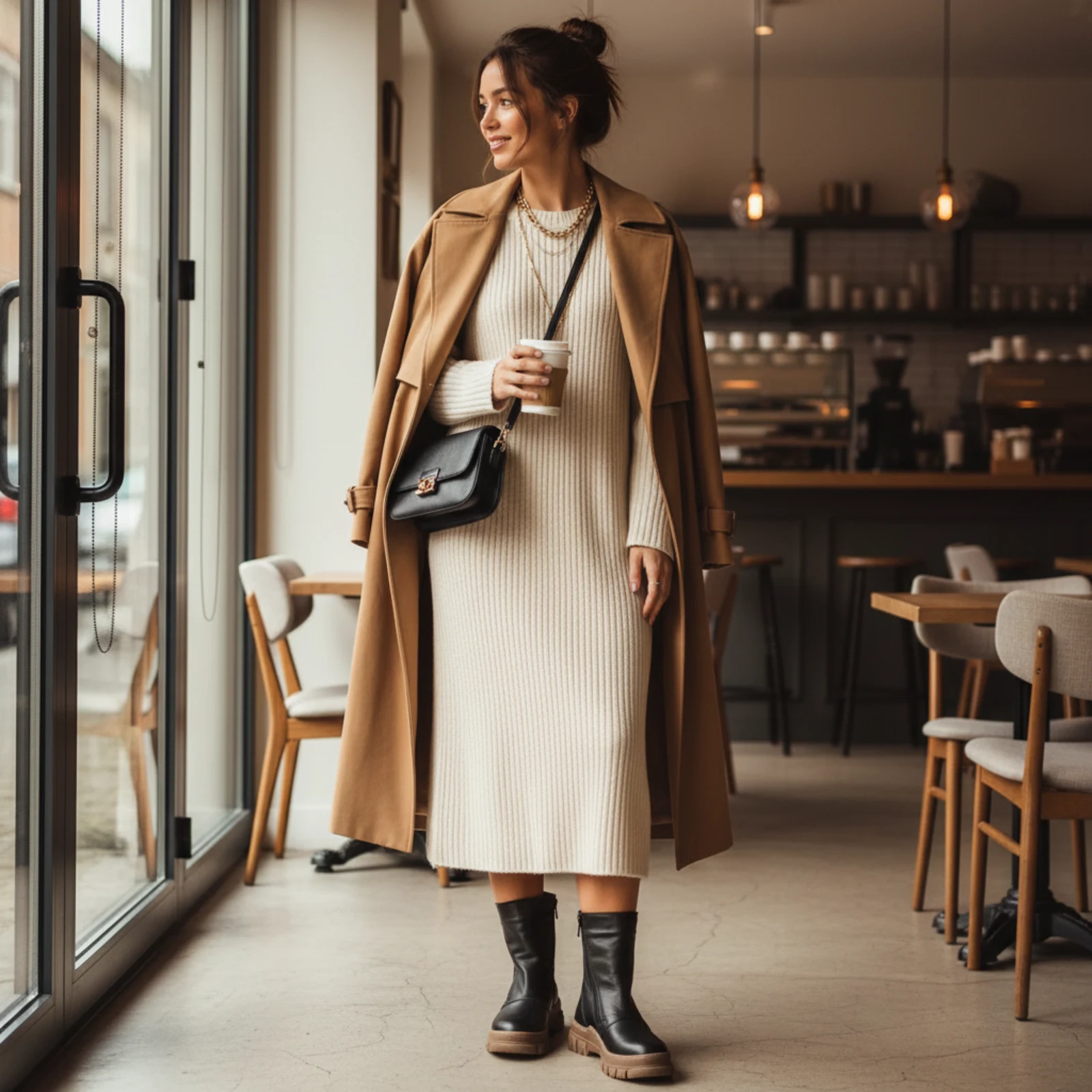 Strickkleid mit eleganten Stiefeletten auf herbstlichem Kopfsteinpflaster Strickkleid mit eleganten Stiefeletten auf herbstlichem Kopfsteinpflaster