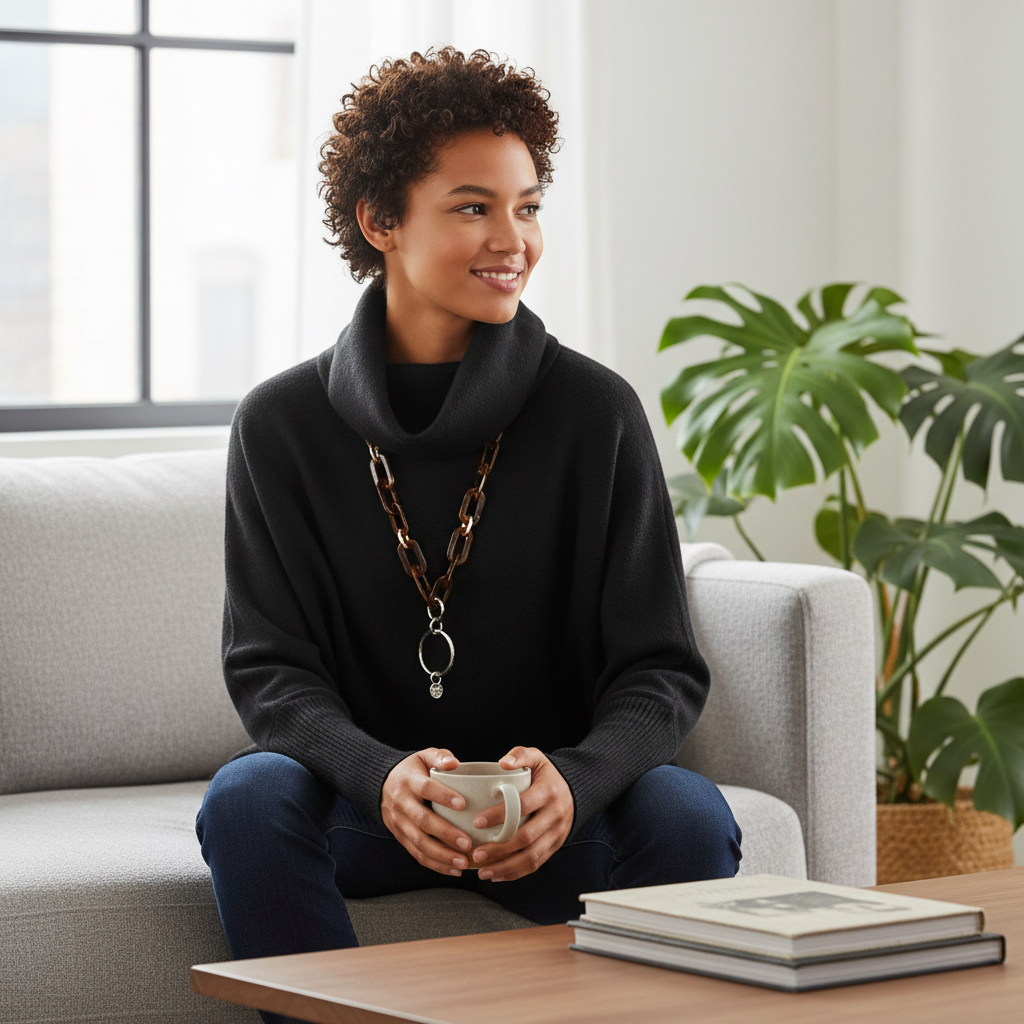 Cremefarbener Turtle-Neck-Pullover mit feinem Strick und goldfarbenem Schmuck