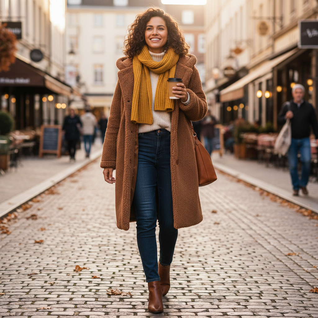 Eleganter Wollmantel über einem Turtle-Neck-Pullover auf einer winterlichen Avenue