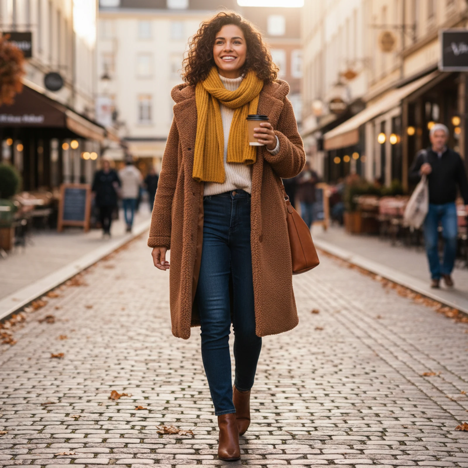 Eleganter Wollmantel über einem Turtle-Neck-Pullover auf einer winterlichen Avenue Eleganter Wollmantel über einem Turtle-Neck-Pullover auf einer winterlichen Avenue