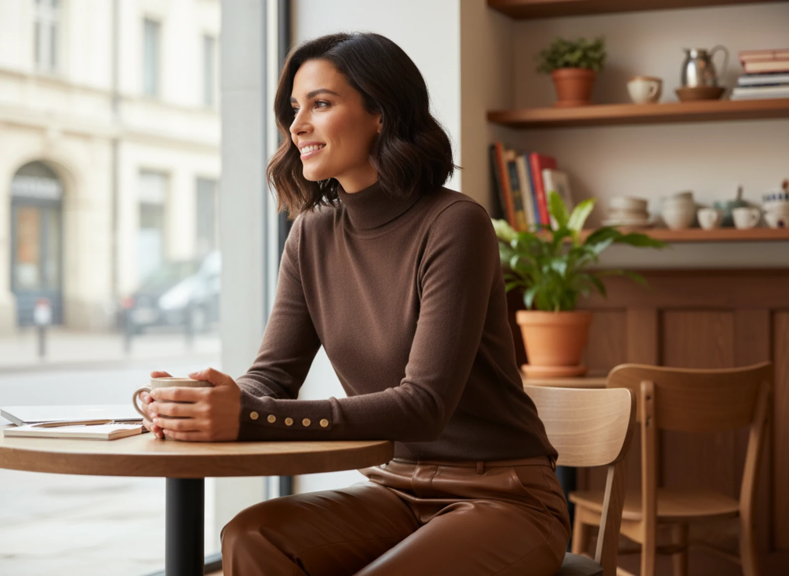 Stilvolles Herbst-Outfit mit Turtle-Neck-Pullover auf einer eleganten Stadtpromenade Stilvolles Herbst-Outfit mit Turtle-Neck-Pullover auf einer eleganten Stadtpromenade