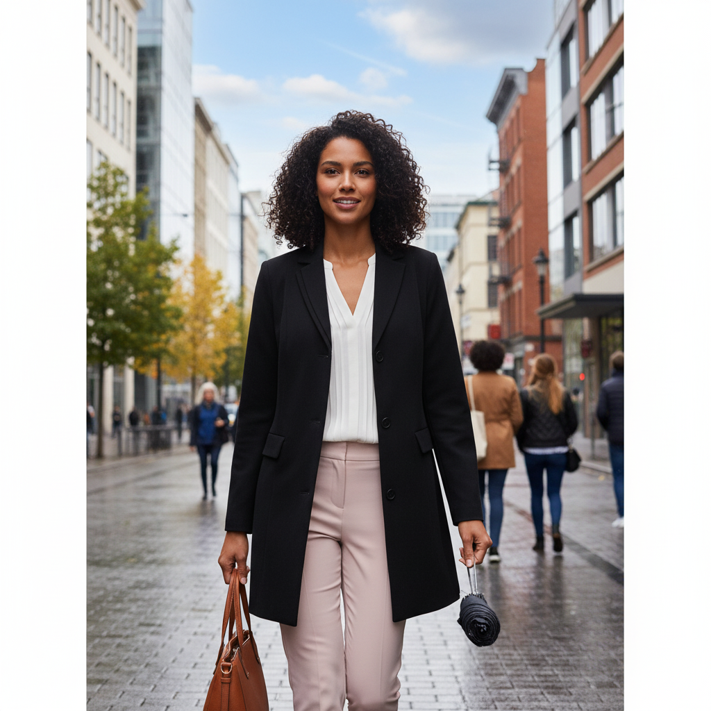 Leichte Jacke über Bluse und Hose an einem bewölkten Tag