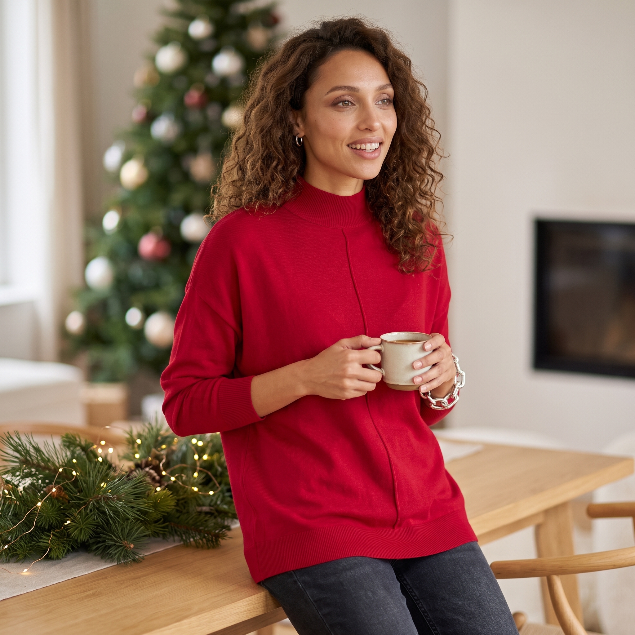 Frau im eleganten Feinstrickpullover bei einer winterlichen Feier