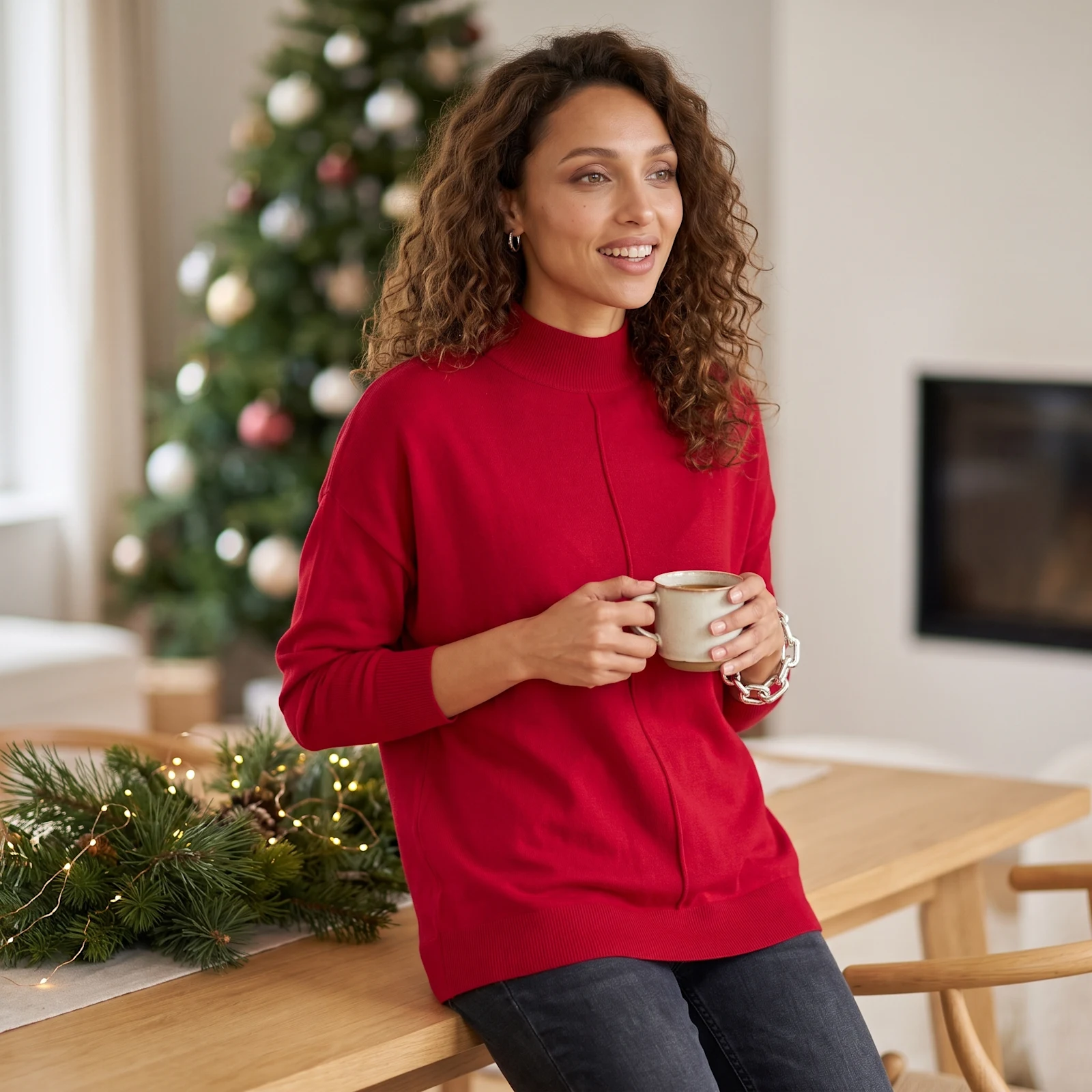 Frau im eleganten Feinstrickpullover bei einer winterlichen Feier Frau im eleganten Feinstrickpullover bei einer winterlichen Feier