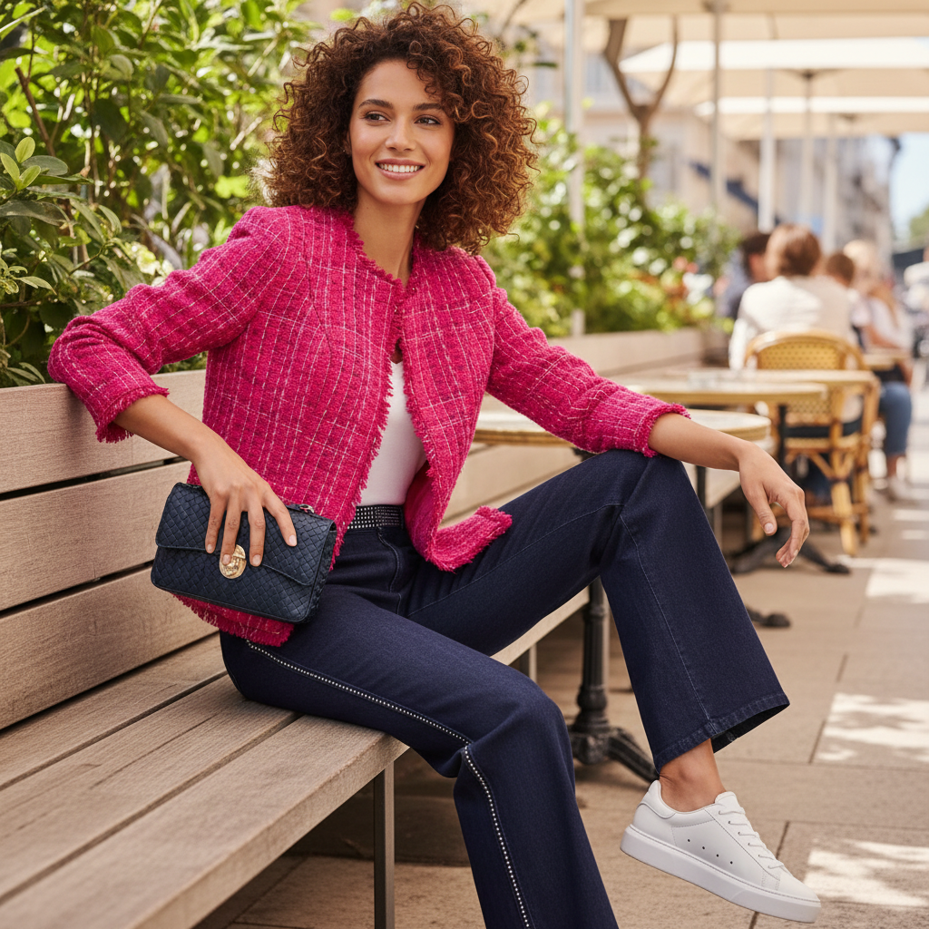 Moderner Blazer-Look mit weißen Sneakern vor urbaner Architektur