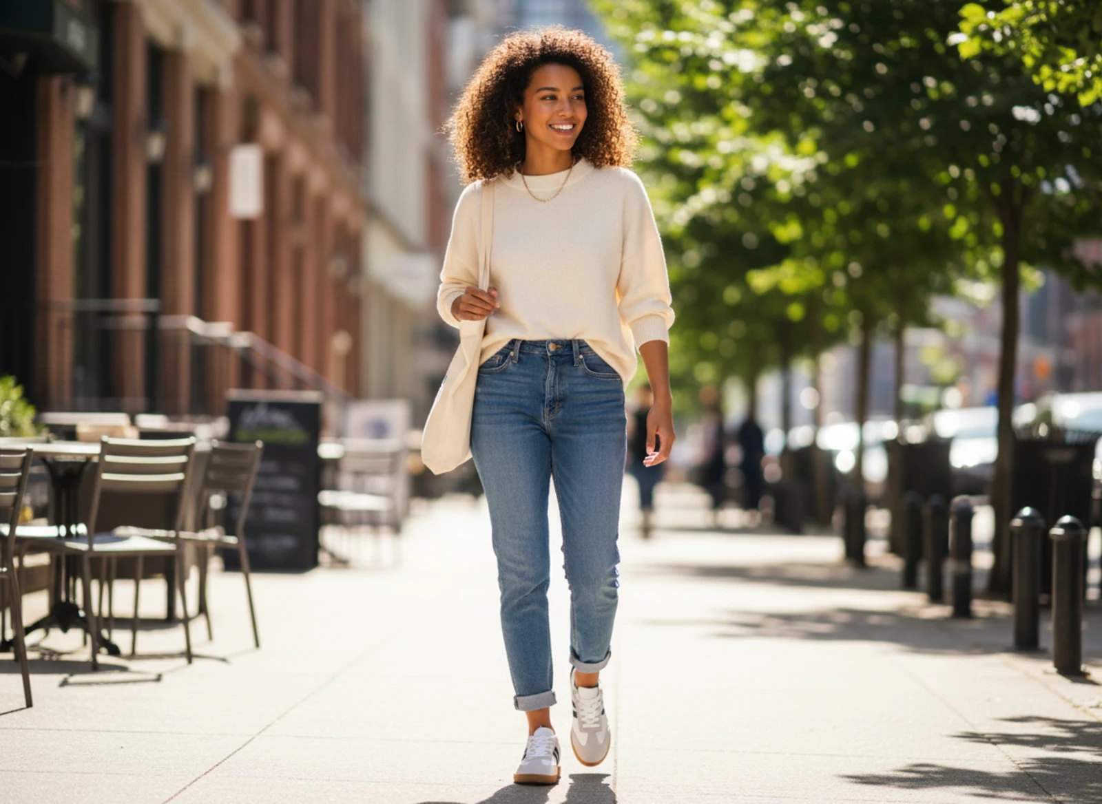 Femininer City-Look mit weißen Sneakern, fließender Hose und farbigem Tuch Femininer City-Look mit weißen Sneakern, fließender Hose und farbigem Tuch