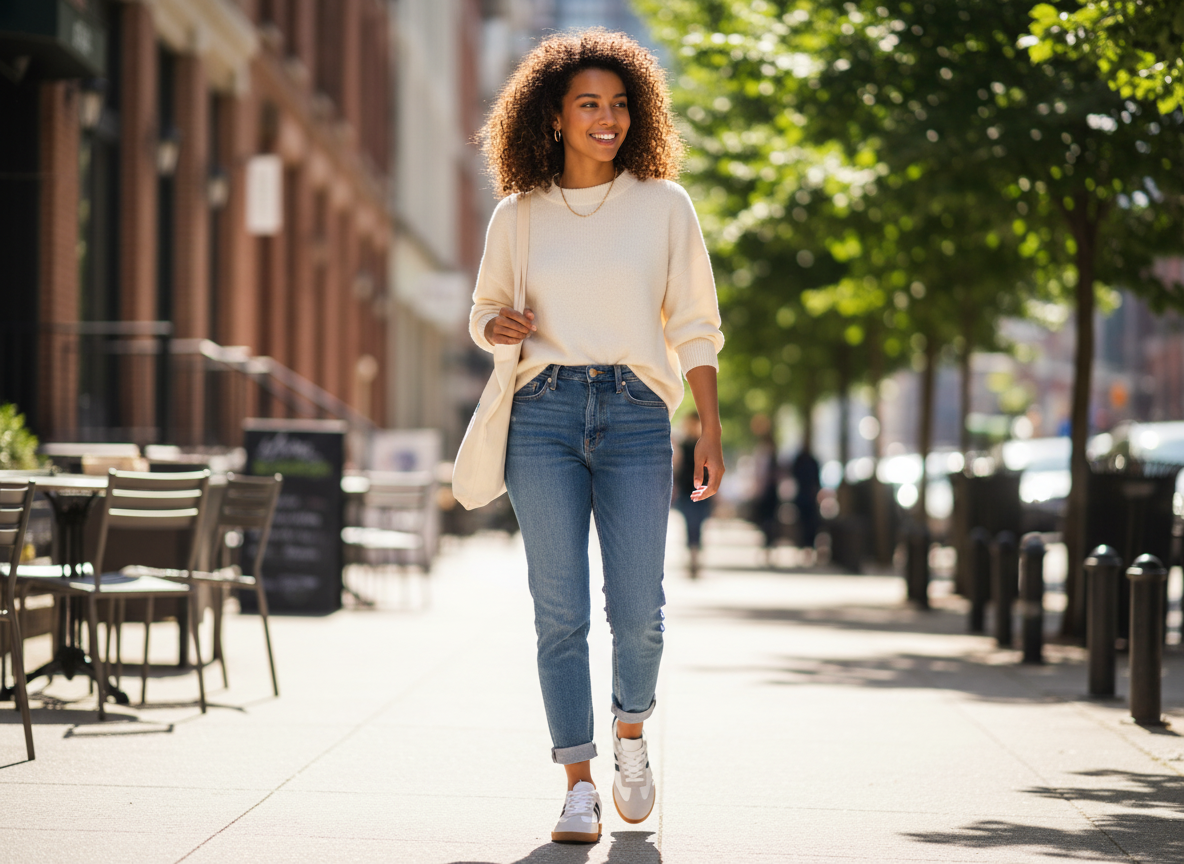 Femininer City-Look mit weißen Sneakern, fließender Hose und farbigem Tuch