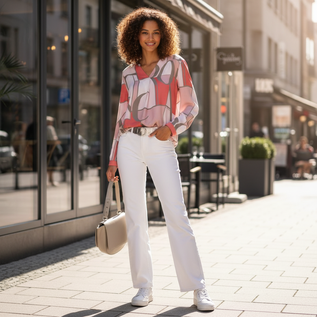 Weite Hose mit schmalem Stricktop und dezentem Schmuck in urbanem Ambiente