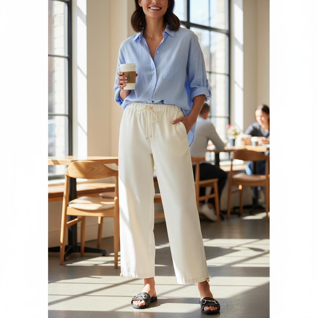 Sommerlicher Look mit weiter Leinenhose, ärmellosem Top und leichten Sandalen im mediterranen Setting