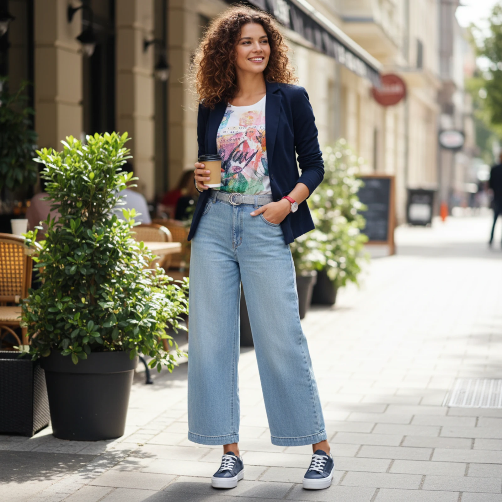 Weite elegante Hose mit fließendem Top und leichtem Blazer bei Dinner oder festlichem Anlass Weite elegante Hose mit fließendem Top und leichtem Blazer bei Dinner oder festlichem Anlass