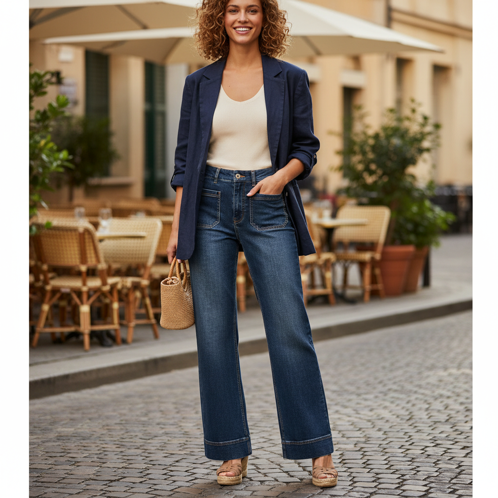 Weite Jeans in klassischem Blau mit hellem Strickpullover