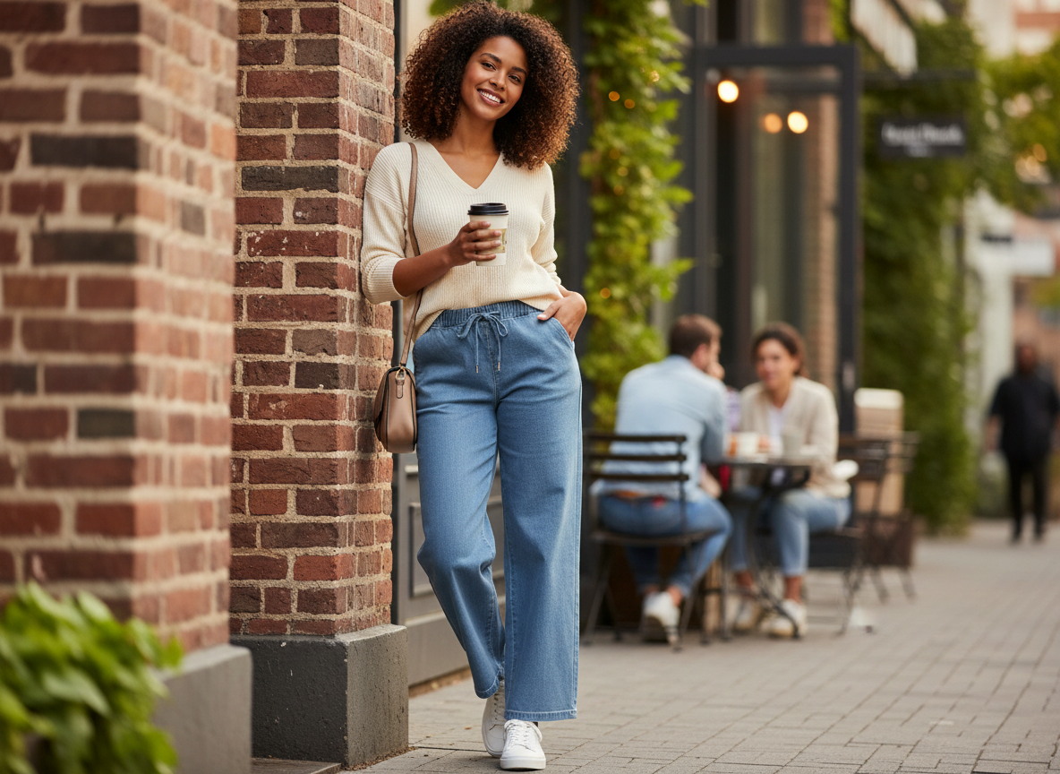 Frau in weiter Jeans bei einem stilvollen Stadtbummel