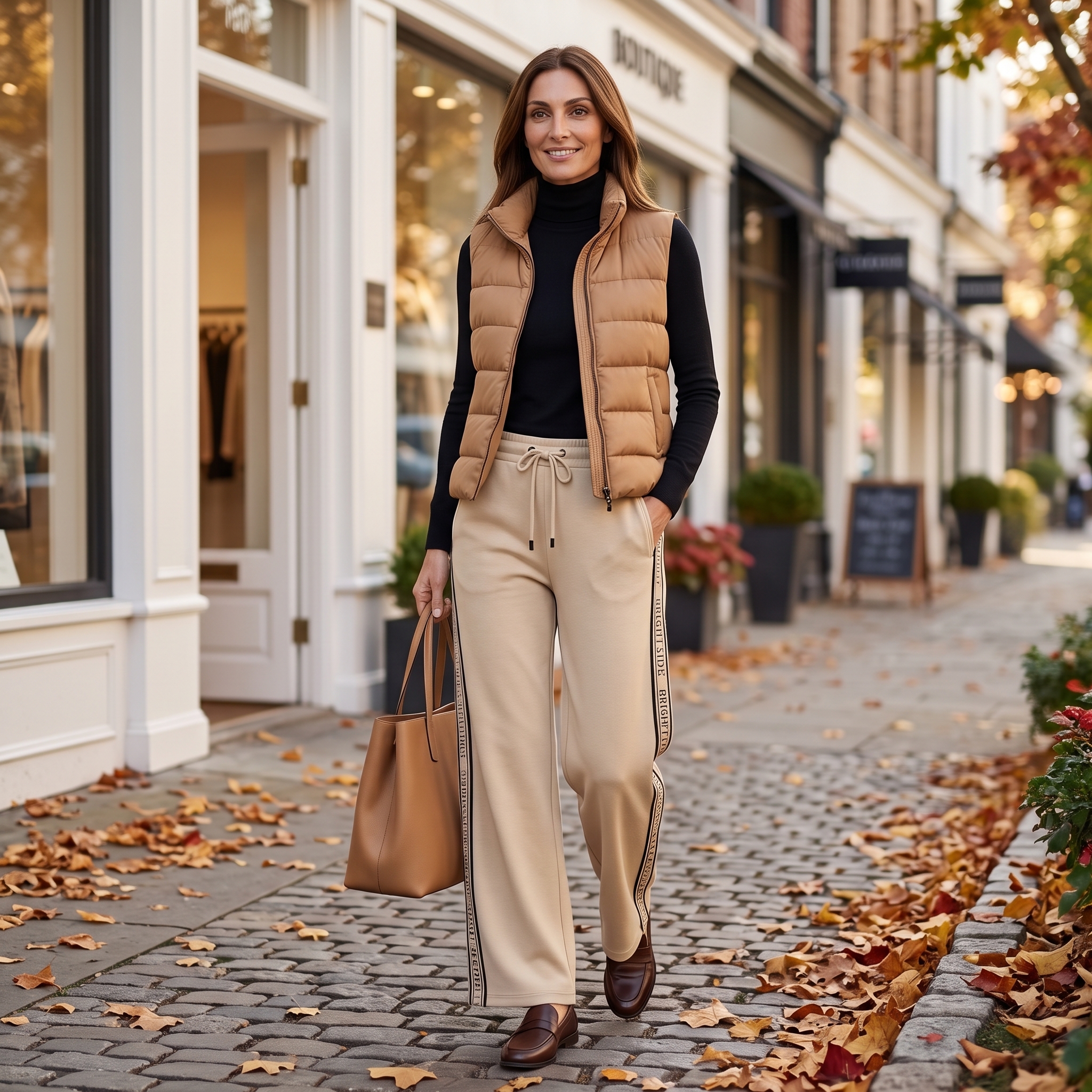 Lange Weste über einem monochromen Outfit auf einer herbstlichen Allee