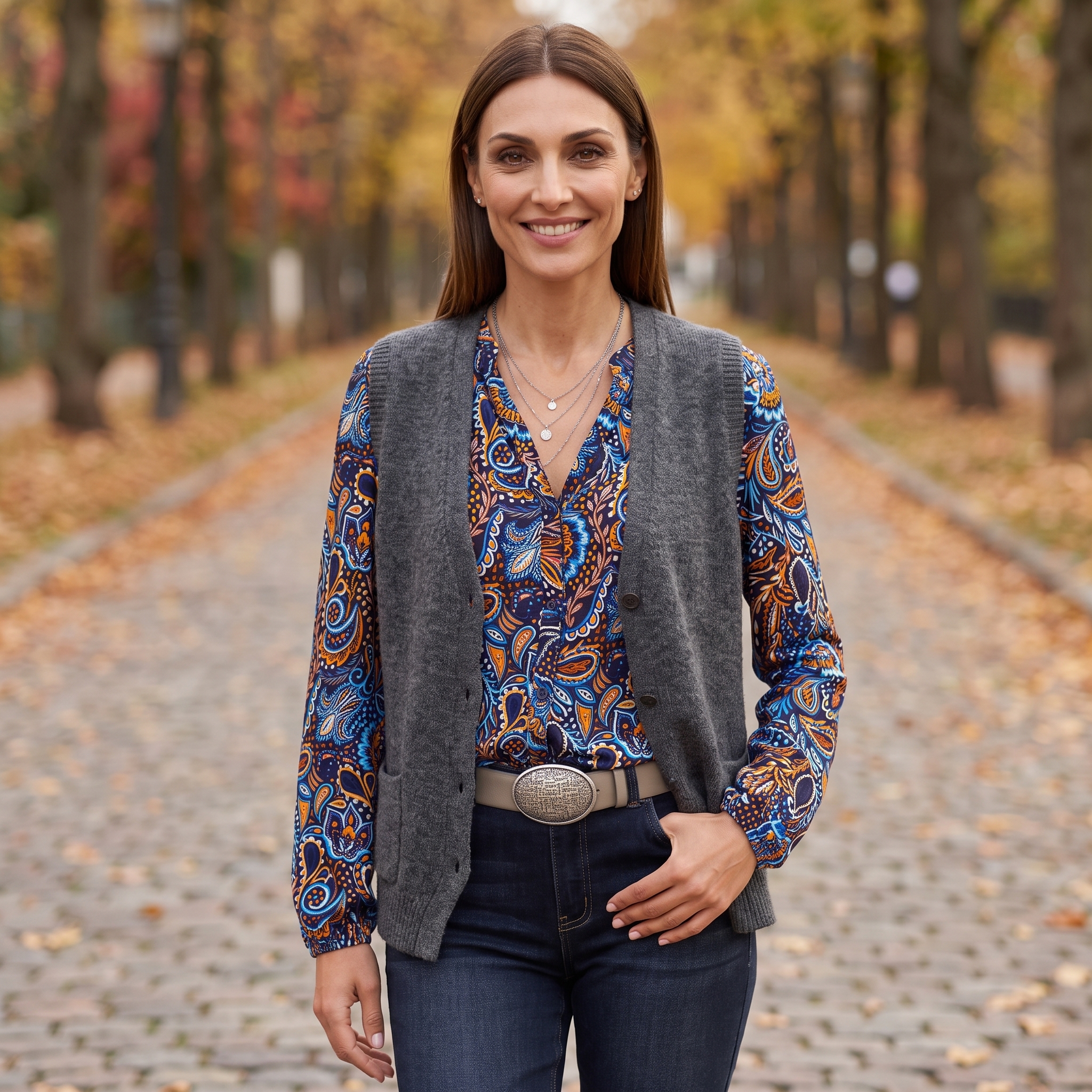 Femininer Business-Look mit heller Bluse, Weste und eleganten Details