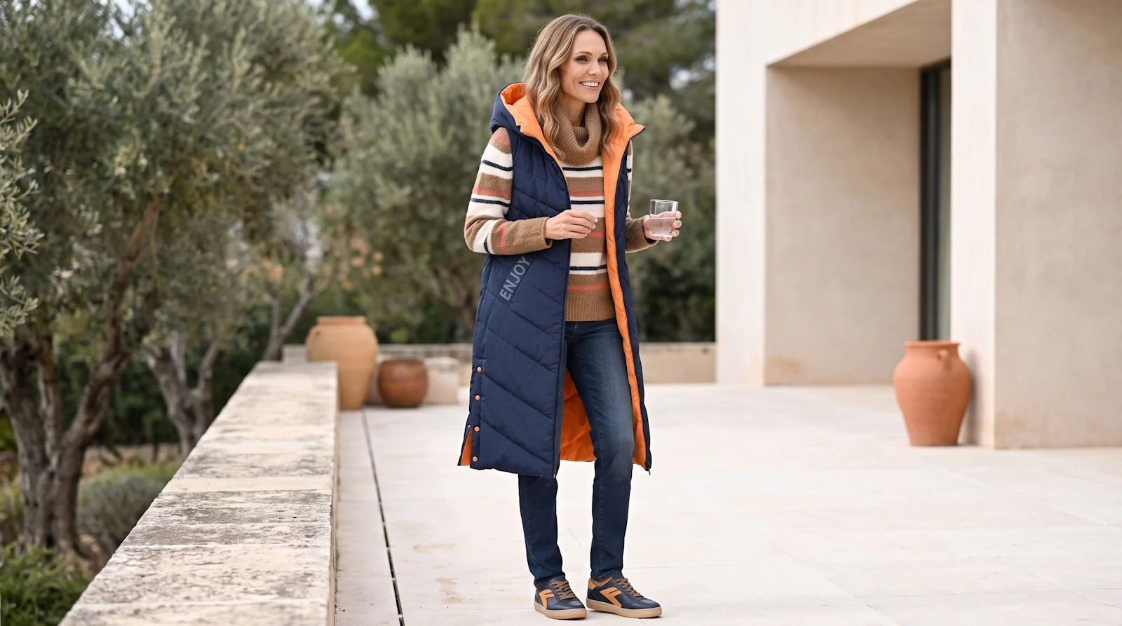 Femininer Lagenlook mit Weste, fließender Hose und urbaner Kulisse Femininer Lagenlook mit Weste, fließender Hose und urbaner Kulisse