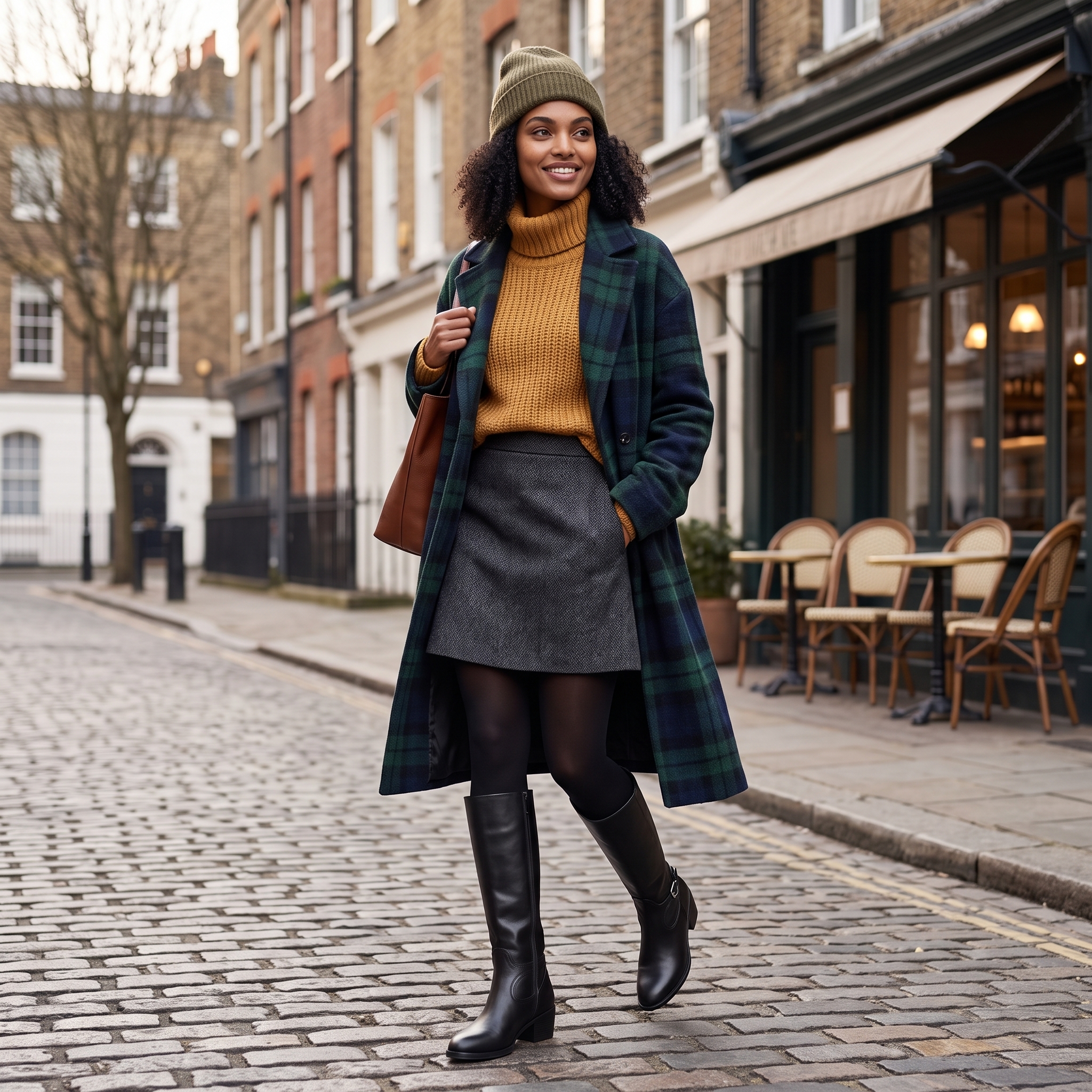 Eleganter Stiefellook mit Rock in urbaner Winteratmosphäre
