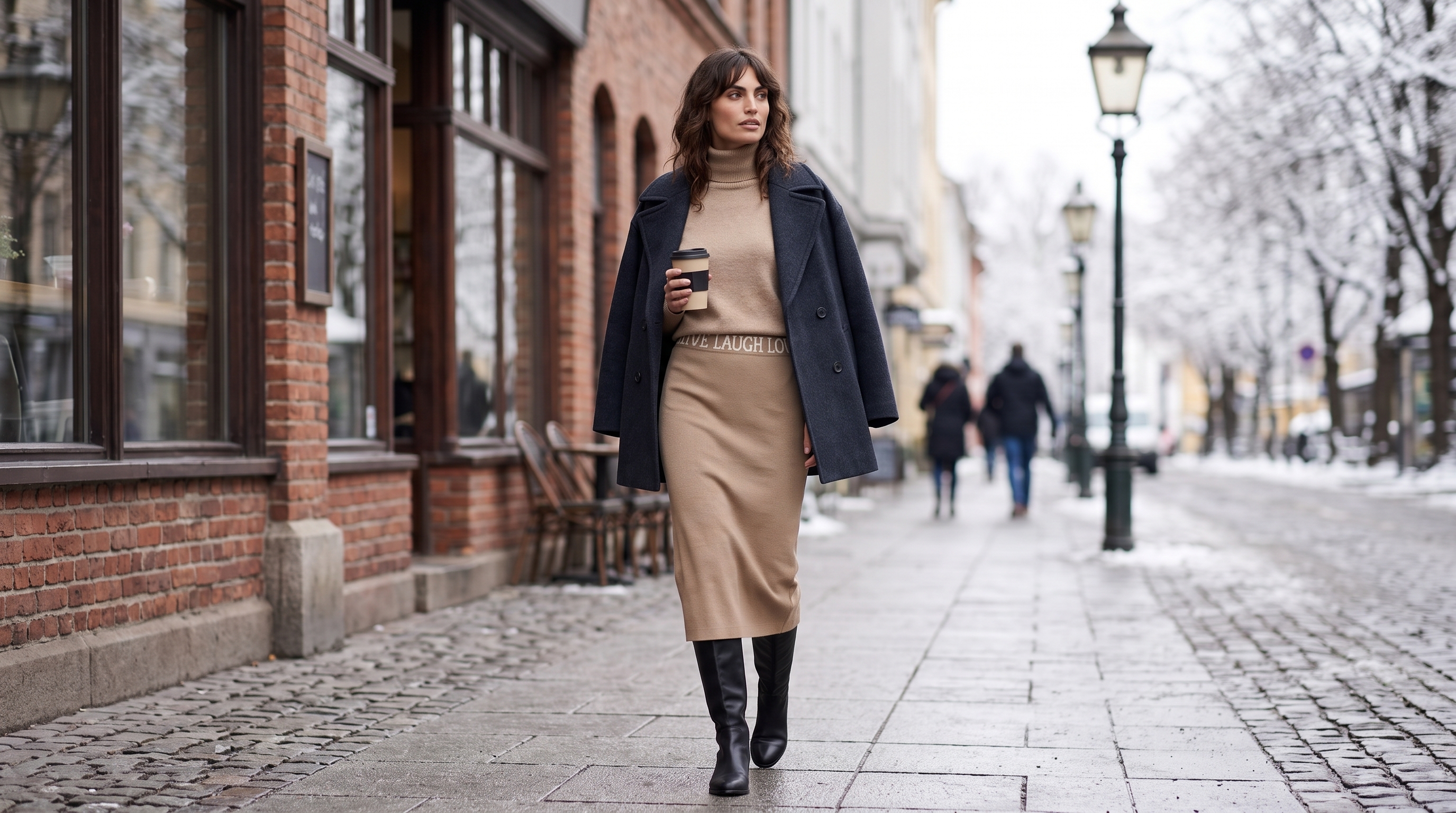 Femininer Winterlook mit Rock und Stiefeln auf einer verschneiten Stadtpromenade