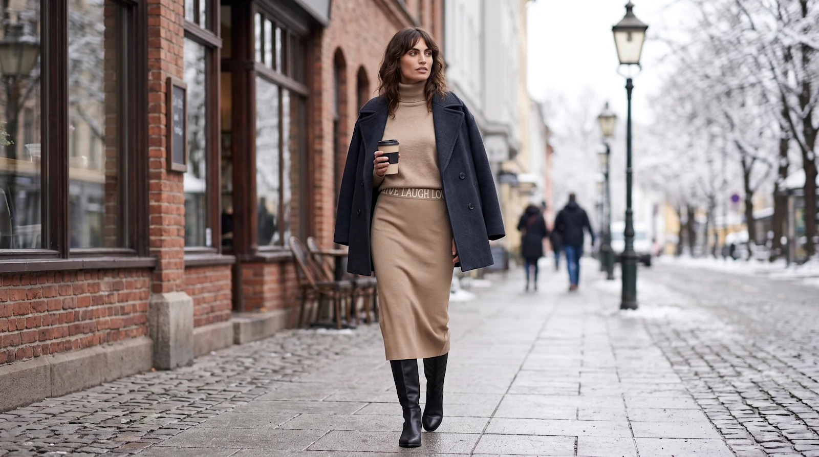 Femininer Winterlook mit Rock und Stiefeln auf einer verschneiten Stadtpromenade Femininer Winterlook mit Rock und Stiefeln auf einer verschneiten Stadtpromenade
