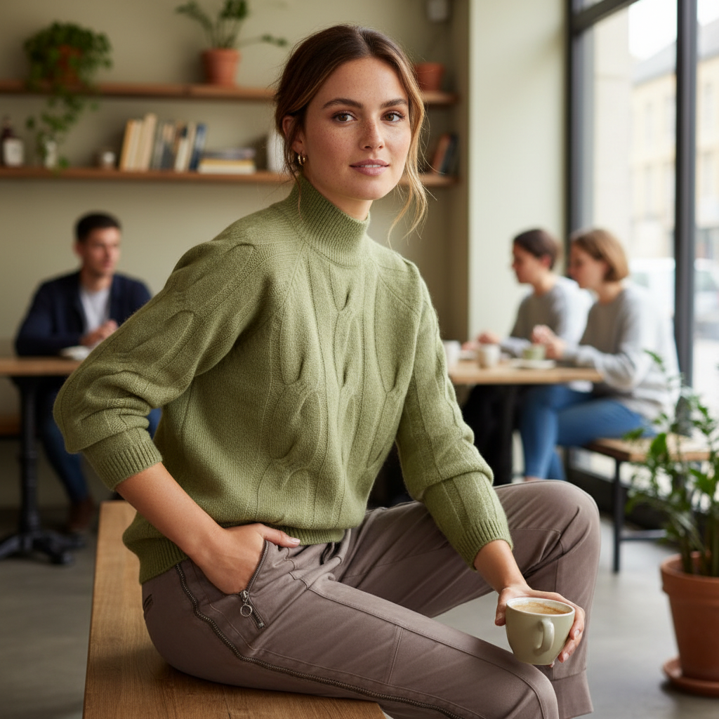 Eleganter Wollpullover in Creme mit edlem Schmuck vor klassischer Altbaukulisse