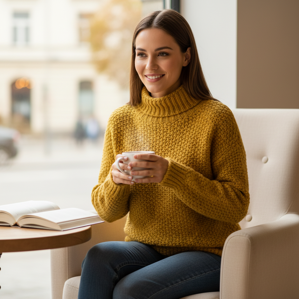 Femininer Damen-Wollpullover in leuchtender Farbe bei einem Cafébesuch