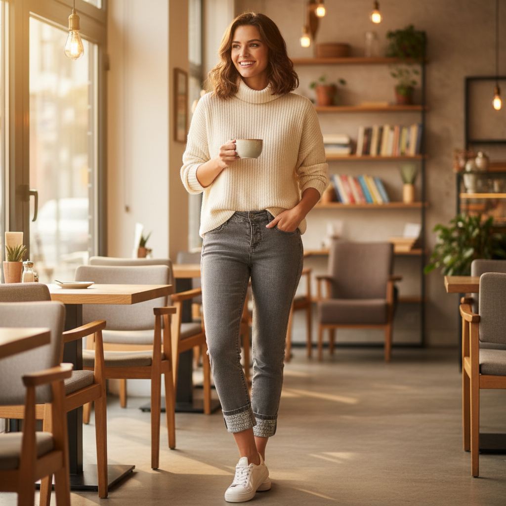 Wollpullover mit dunkler Jeans und Stiefeletten beim stilvollen Stadtbummel