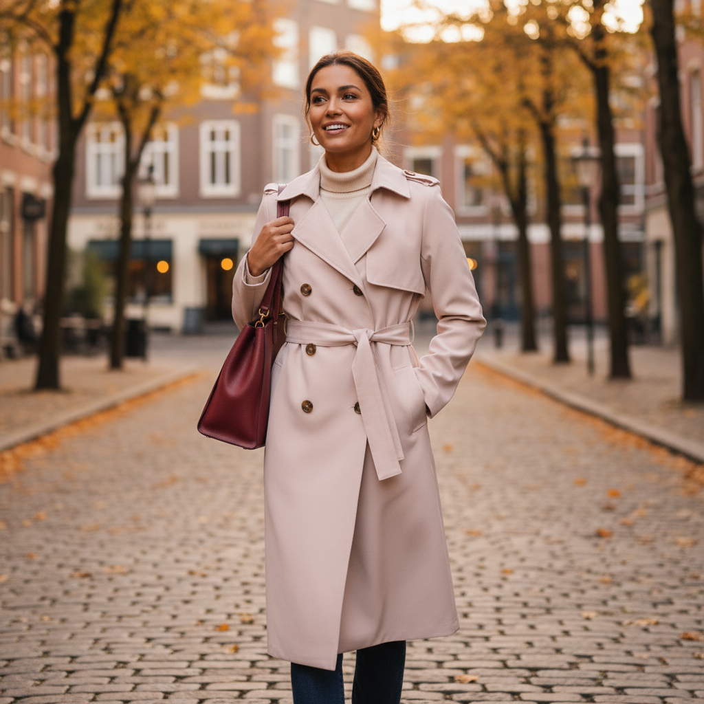 Trenchcoat mit Taillengürtel und Seidentuch in warmem Herbstlicht