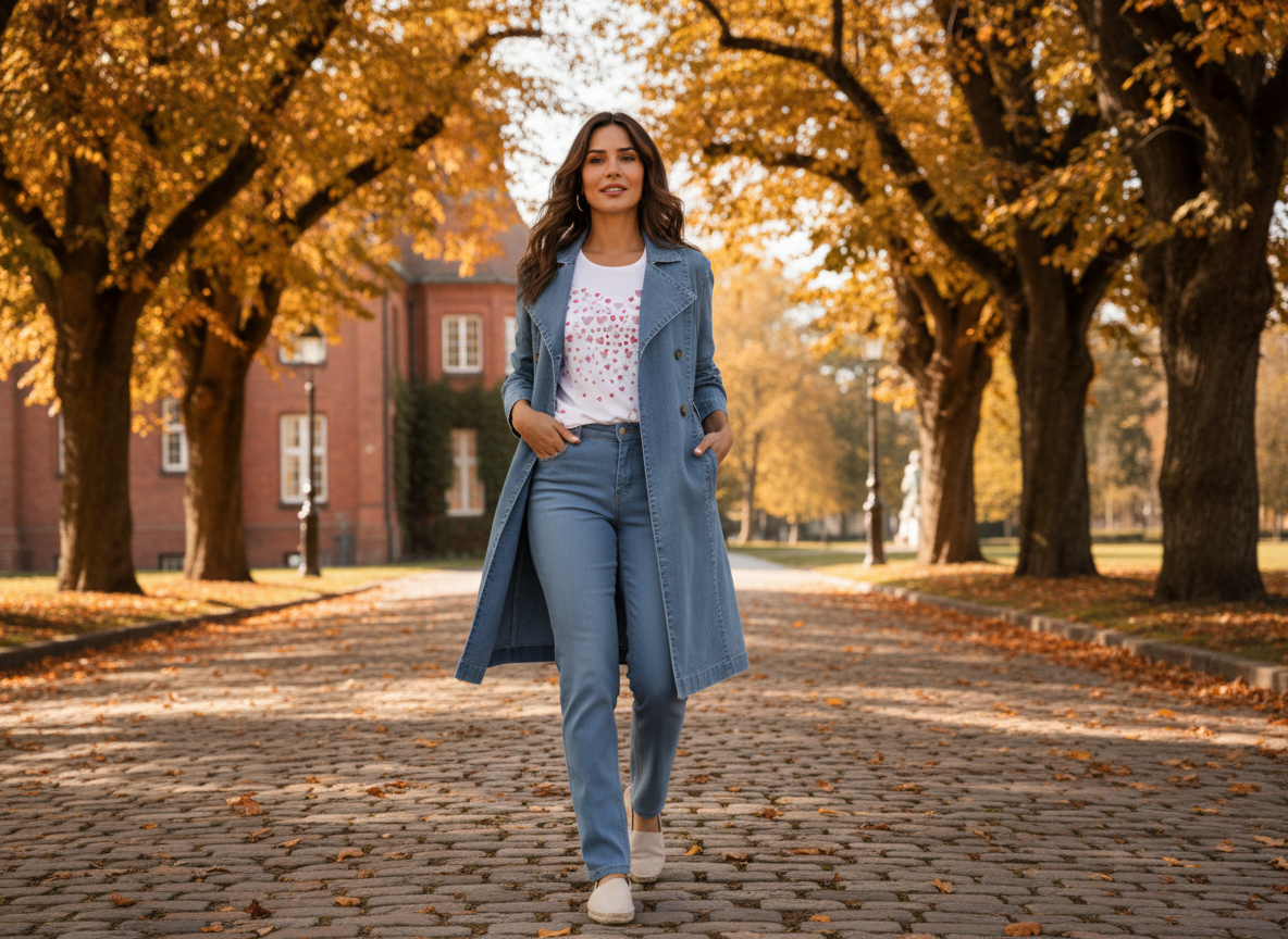 Frau in elegantem Herbstlook auf einer von goldenem Laub gesäumten Allee