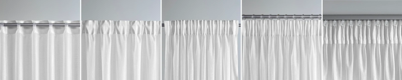 Weisse Vorhänge mit verschiedenen Aufhängungssystemen, darunter Ösen, Gardinenband, Haken und Clips, nebeneinander dargestellt. Weisse Vorhänge mit verschiedenen Aufhängungssystemen, darunter Ösen, Gardinenband, Haken und Clips, nebeneinander dargestellt.