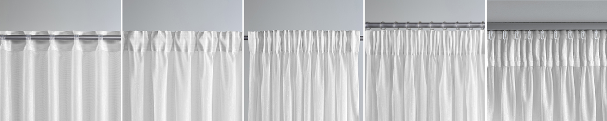 Rideaux blancs avec différents styles de plis et systèmes de fixation.