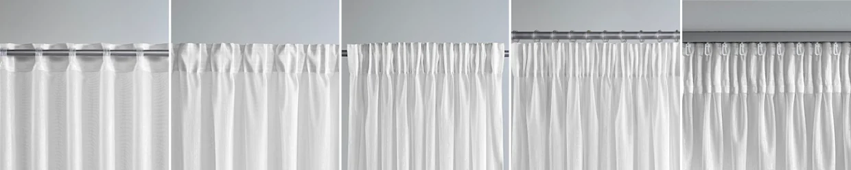 Rideaux blancs avec différents styles de plis et systèmes de fixation. Rideaux blancs avec différents styles de plis et systèmes de fixation.