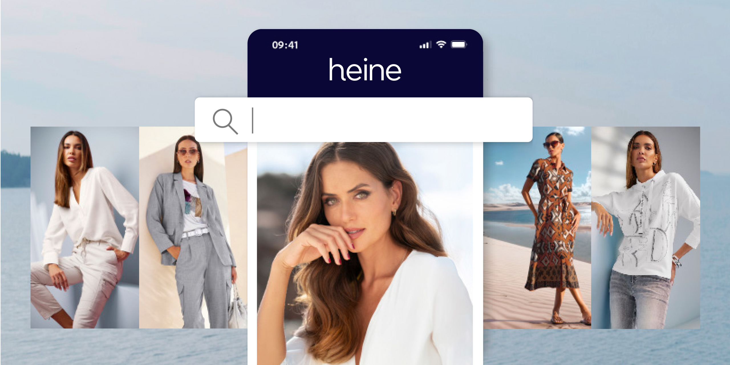 Een model in een witte top, omgeven door outfits zoals een pak, jurk en trui. Tekst: heine, zoekbalk zichtbaar.