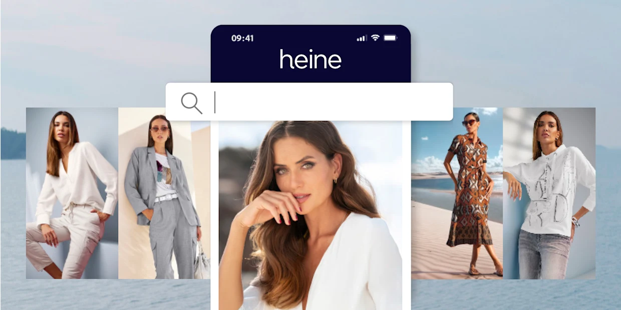 Ein Model in weißem Oberteil, umgeben von Outfits wie Anzug, Kleid und Pullover. Text: heine, Suchleiste sichtbar. Ein Model in weißem Oberteil, umgeben von Outfits wie Anzug, Kleid und Pullover. Text: heine, Suchleiste sichtbar.