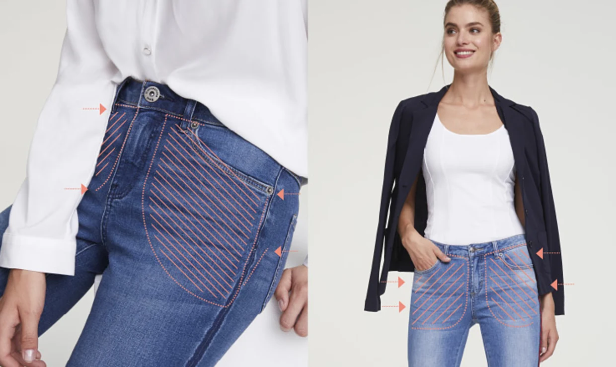 Detailaufnahme einer blauen Jeans mit eingezeichneten Stütz- und Formungszonen, kombiniert mit weisser Bluse und dunkelblauem Blazer. Detailaufnahme einer blauen Jeans mit eingezeichneten Stütz- und Formungszonen, kombiniert mit weisser Bluse und dunkelblauem Blazer.