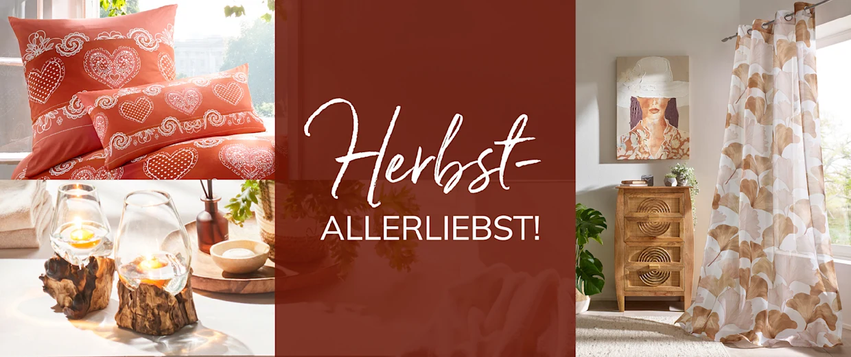 Herbstliche Dekorationen: Bettwäsche, Kerzen, Vorhänge und eine Kommode. Ein Kunstwerk hängt an der Wand. Text: 'Herbst ALLERLIEBST!'. Herbstliche Dekorationen: Bettwäsche, Kerzen, Vorhänge und eine Kommode. Ein Kunstwerk hängt an der Wand. Text: 'Herbst ALLERLIEBST!'.