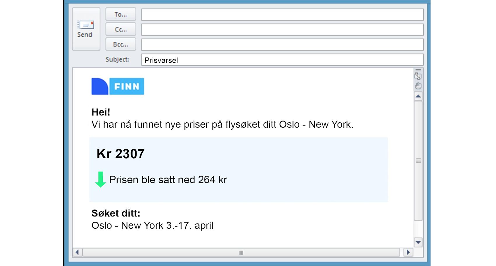 Her er eksempel på e-post du mottar når flyprisene endrer seg.