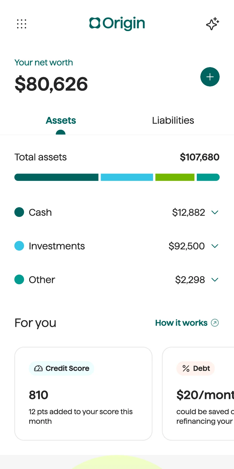 Origin app dashboard displaying 'Your net worth' of $80,626 along with breakdown of cash, investments and other categories. Below you have financial insights and recommendations.