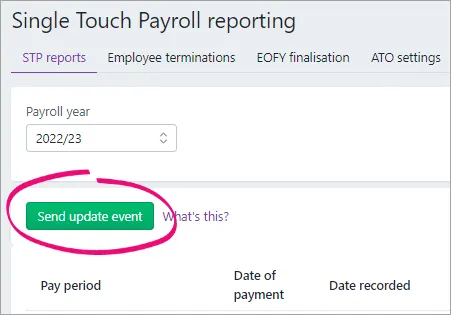 STP reporting centre with send update event button highlighted