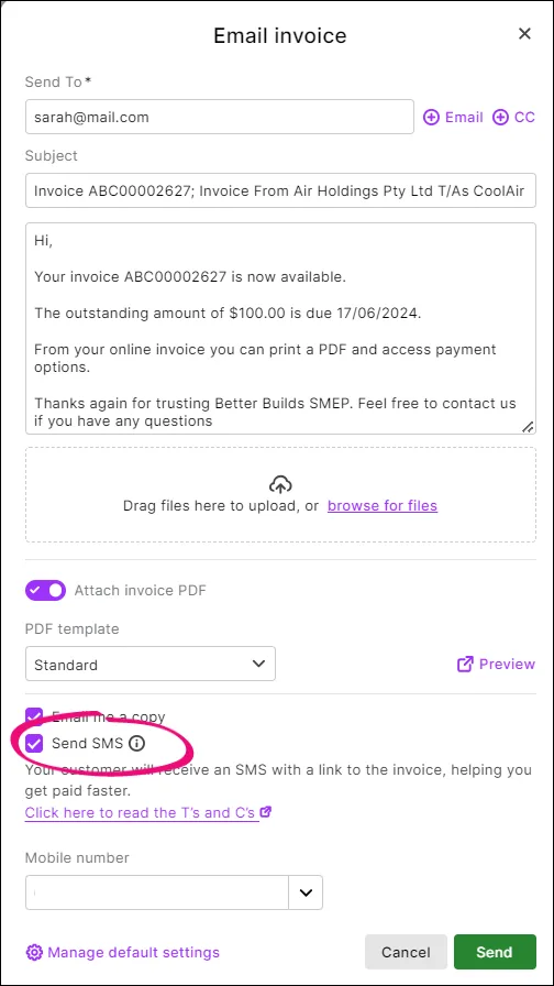 Email an invoice with SMS option selected and highlighted