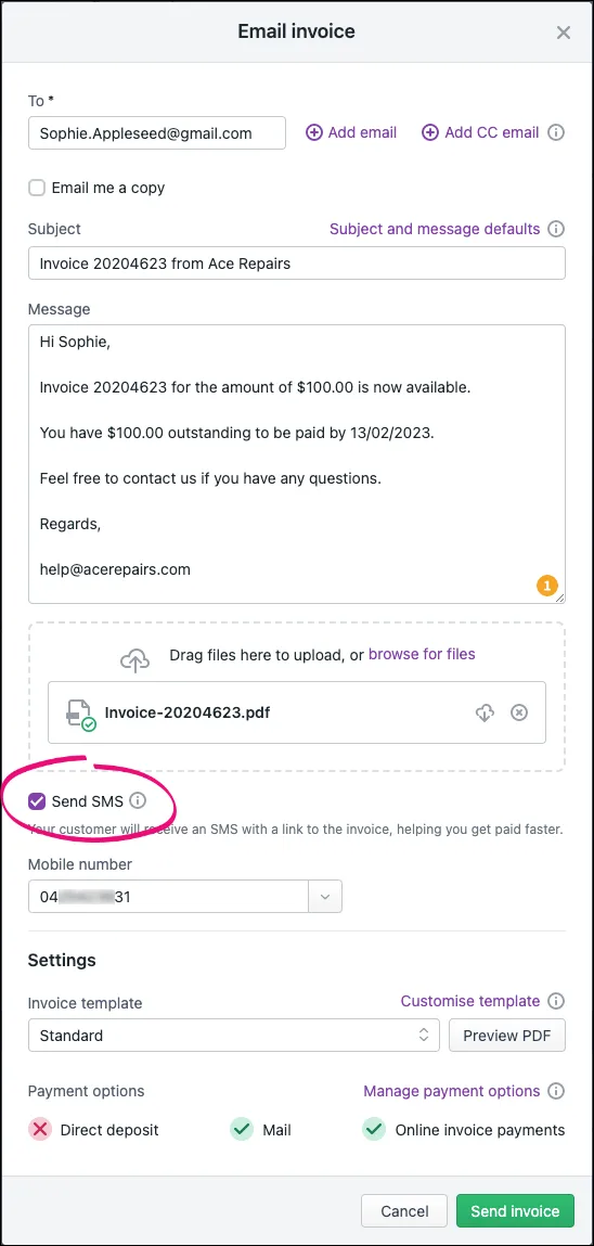 Email an invoice with SMS option selected and highlighted