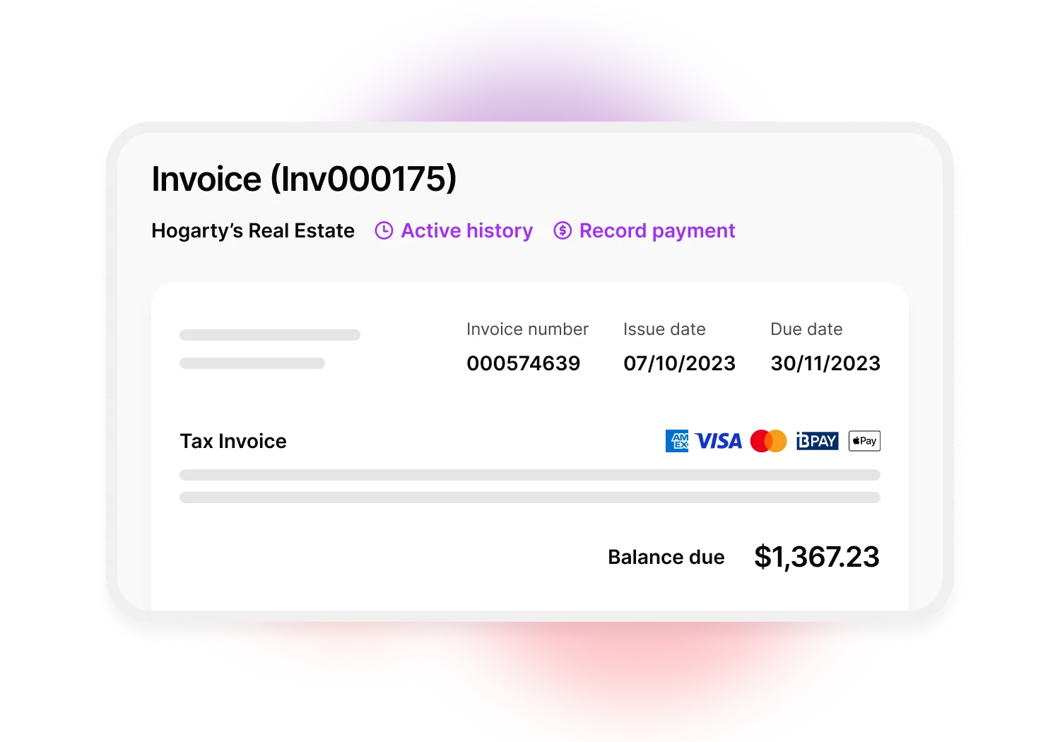 Example of an invoice sent from MYOB Business software to a customer. The invoice includes the customer name, invoice number, issue date and due date. You can also click to see your history with this client and records of previous payments.