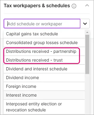 Tax workpapers & schedules panel with "Distributions received - partnership" and "Distributions received - trust" highlighted.