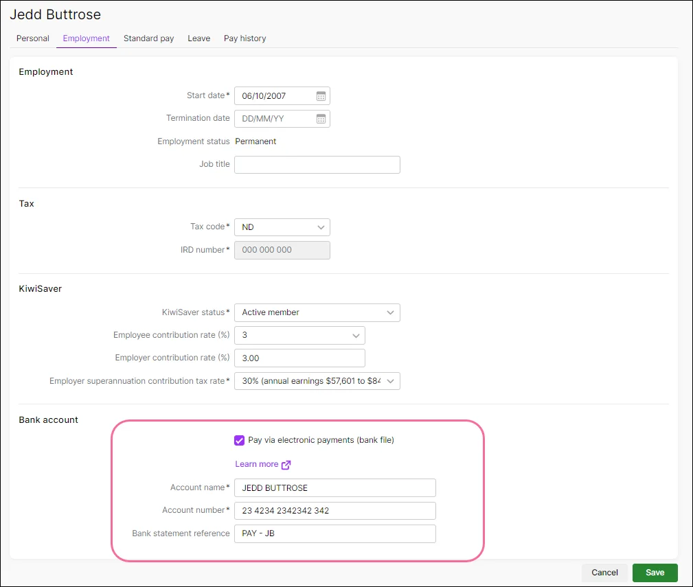 Electronic banking details in an employee