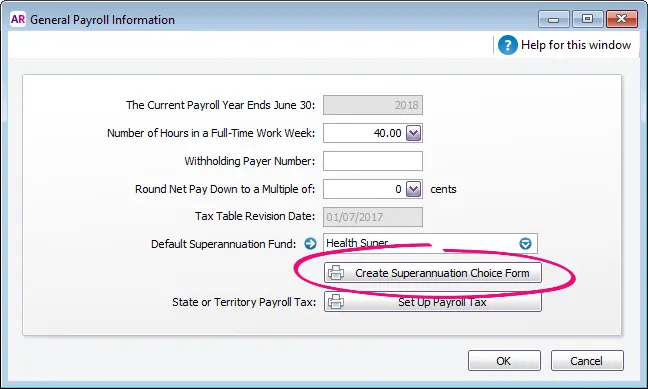 Example general payroll information window with create superannuation choice form button highlighted