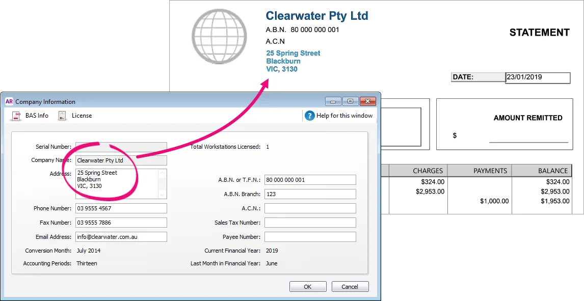 Statement with business details from company information window