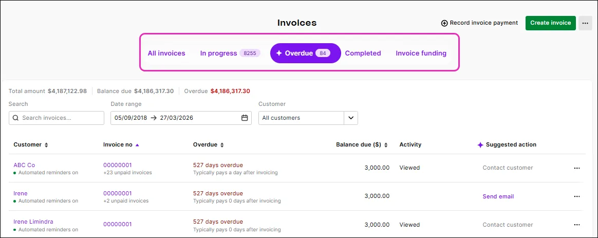Click an option across the top to focus on invoices at different stages of the payment cycle