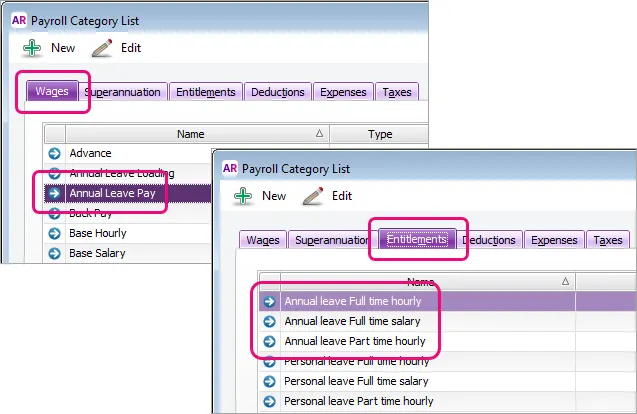 Annual leave payroll categories highlighted
